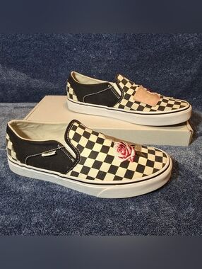 Vans Black & Cream Checkerboard Slip-Ons with Pink Rose Embroidery